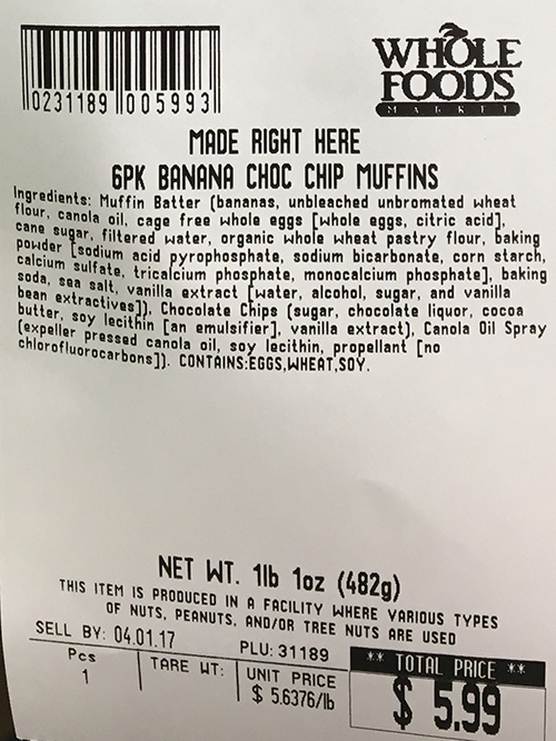 Allergy Alert Issued by Whole Foods Market in Hadley, Massachusetts For Undeclared Walnuts in Banana Chocolate Chip Muffins